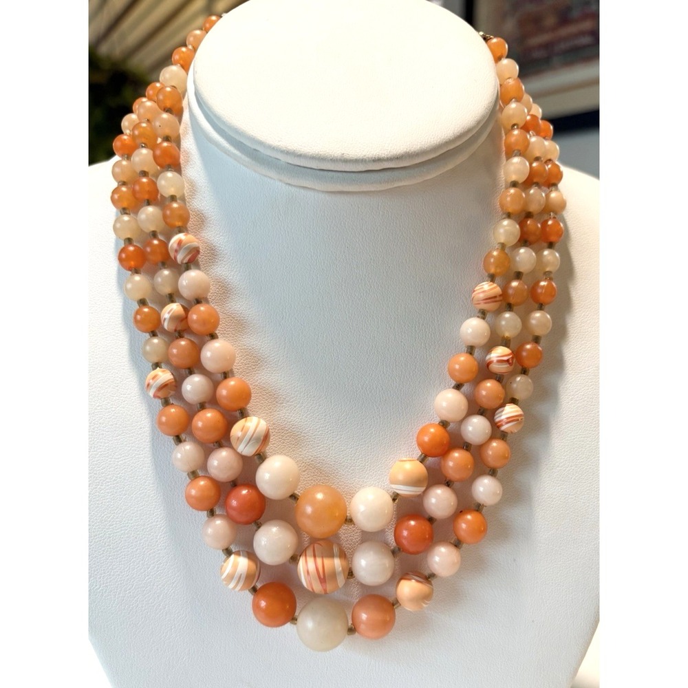 Vintage Pastel Orange Plastic Bead 3 Strand 16'' - 18''‎ Necklace Japan Retro
